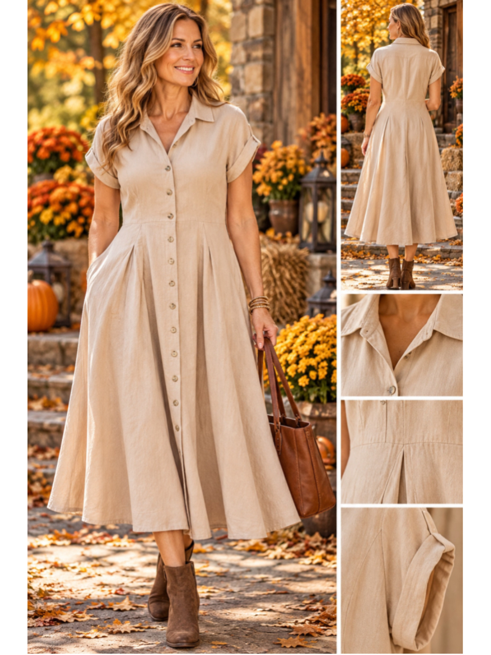 Women's Donna Karan Midi Dress Size 16 Beige Button Front Linen Blend
